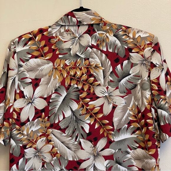 Vintage L Hawaiian button down blouse gray red orange tropical Tan Jay polyester - Picture 7 of 7